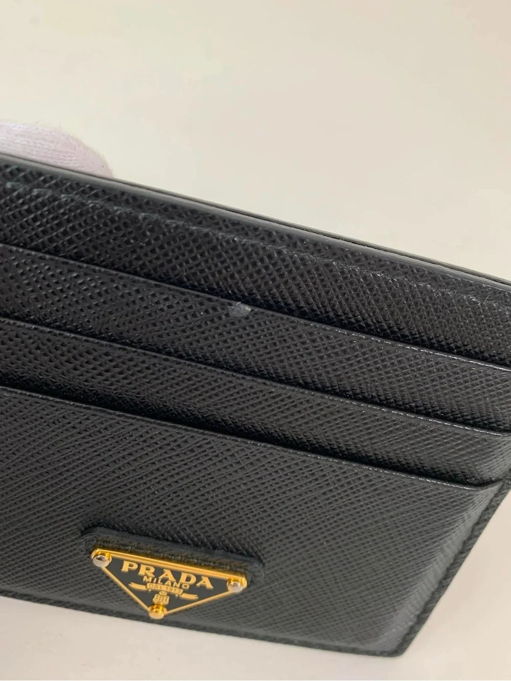 Prada Black Saffiano Leather Card Case with Gold Triangle Logo